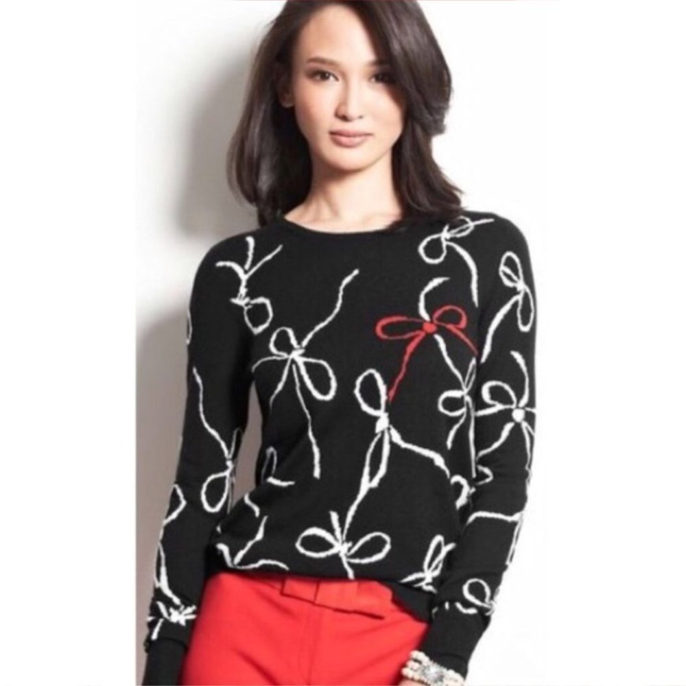 Ann Taylor Factory Wool Blend Pullover Black With Bow Designs Sweater Women;s XS - Picture 2 of 12